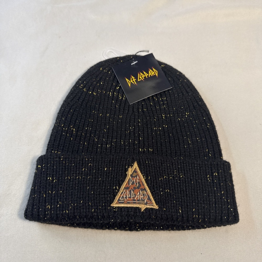 Def Leppard Pyromania Triangle Logo Black Knit Beanie Hat Brand New With Tags